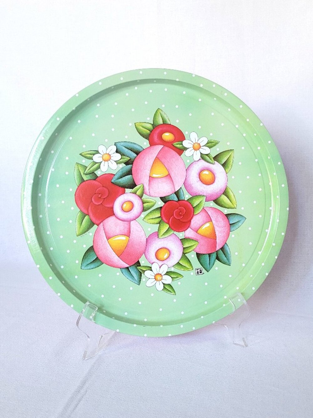 Vintage Mary Engelbreit 13" Metal Tray Floral Polka Dot Design Imports Estonia